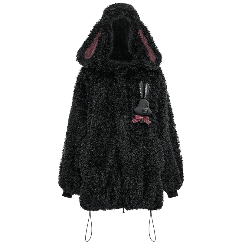 PUNK RAVE Women's Grunge Drawstring Woolen Coat with Rabbit Hood