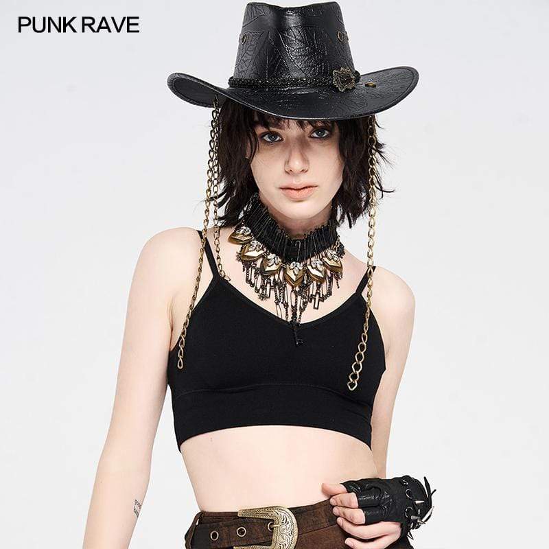 Women's Grunge Faux Leather Cowboy Hats With Chains