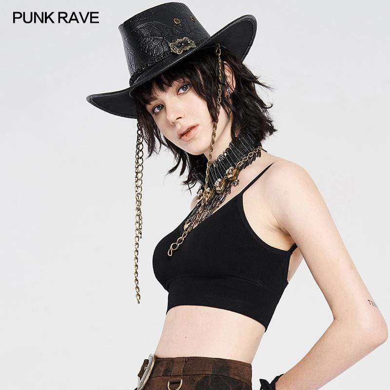 Women's Grunge Faux Leather Cowboy Hats With Chains