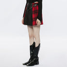 PUNK RAVE Women's Grunge Faux Leather Splice Plaid Skirt