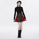 PUNK RAVE Women's Grunge Faux Leather Splice Plaid Skirt