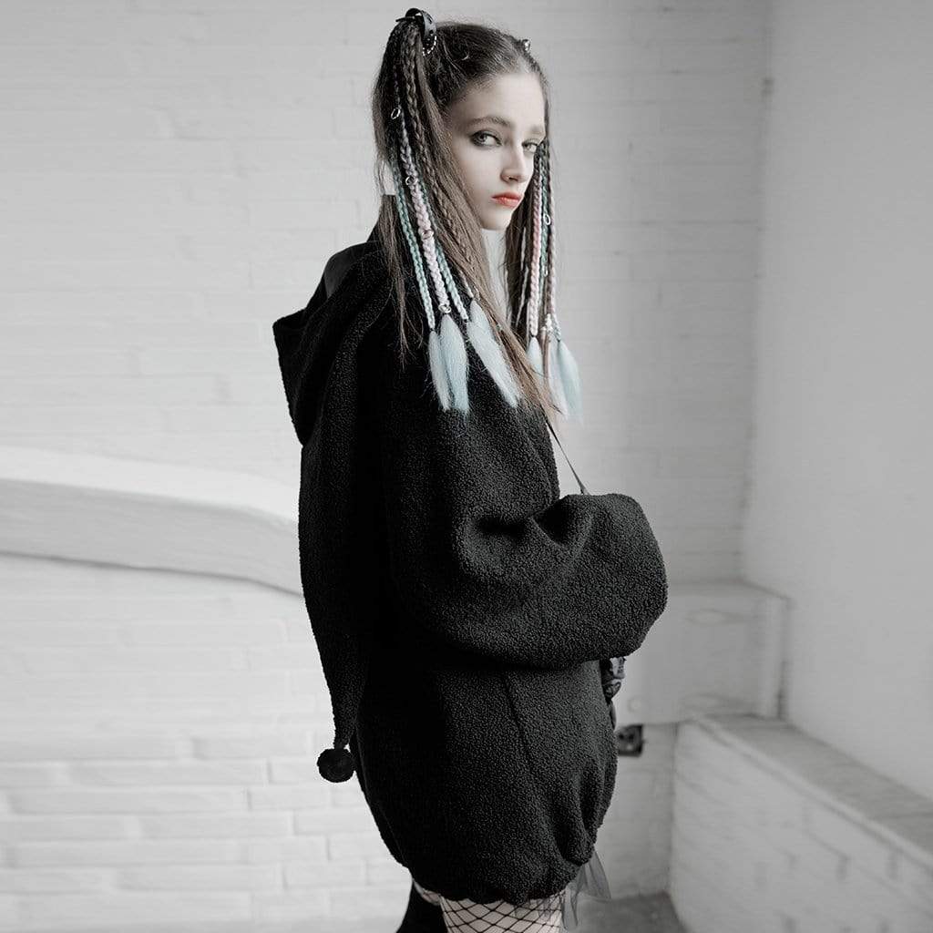Women's Grunge Front-zip Wool-like Coats With Hood