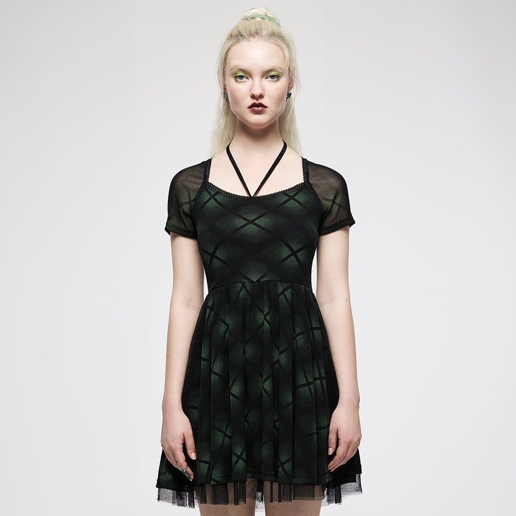 Punk Rave Women's Grunge Halterneck Green Plaid Mesh Dress