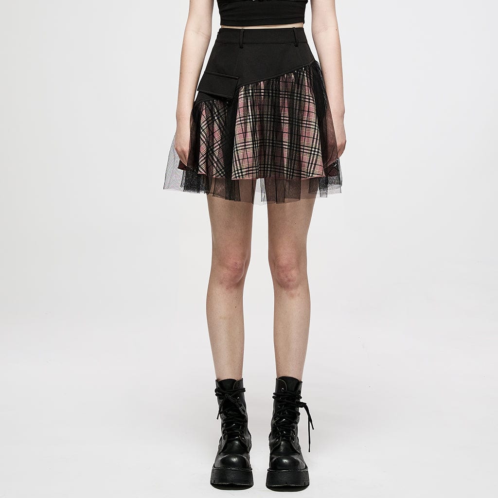 Punk Rave Women's Grunge High-waisted Mesh Red Plaid Short Skirt