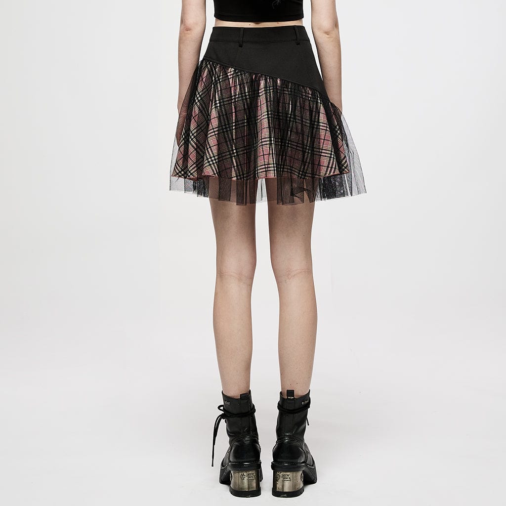 Punk Rave Women's Grunge High-waisted Mesh Red Plaid Short Skirt