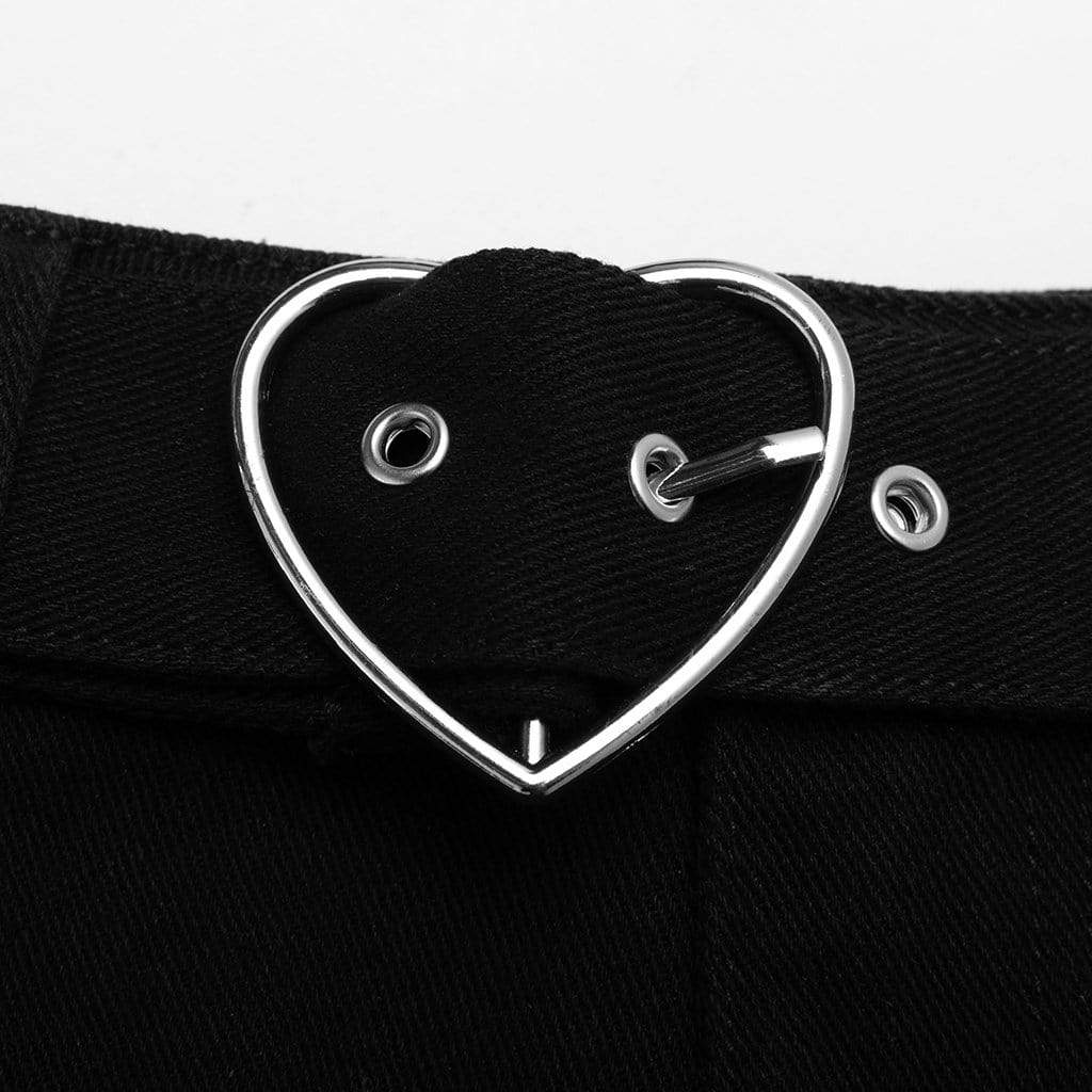 Women's Grunge High-waisted Ripped Black Denim Shorts with Love Heart Belt
