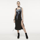 PUNK RAVE Women's Grunge Ink Printed Split Slip Dress with Neckwear
