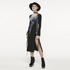 PUNK RAVE Women's Grunge Ink Printed Split Slip Dress with Neckwear