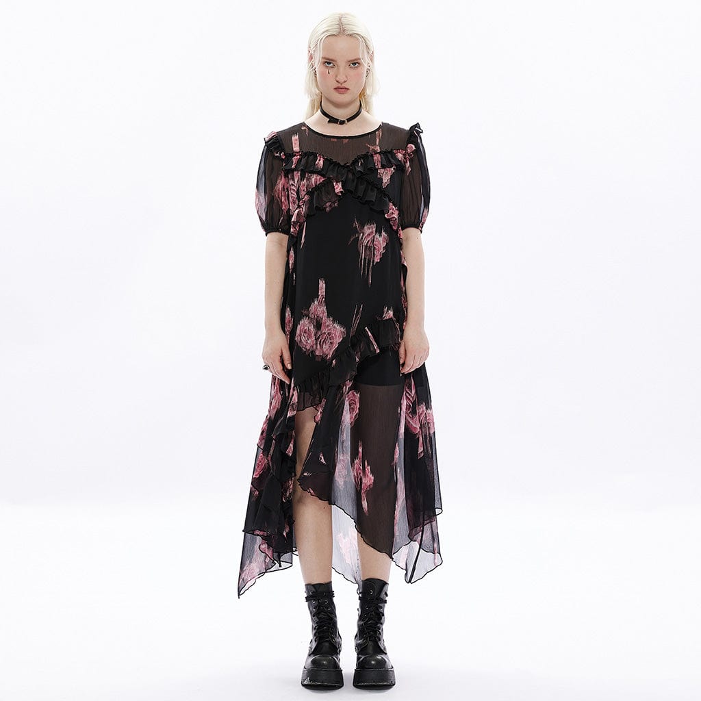 PUNK RAVE Women's Grunge Irregular Floral Printed Ruffled Dress