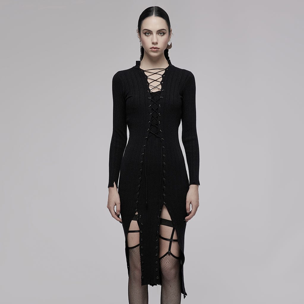 Punk Rave Women's Grunge Lacing-up Long Sleeved Knitted Dress