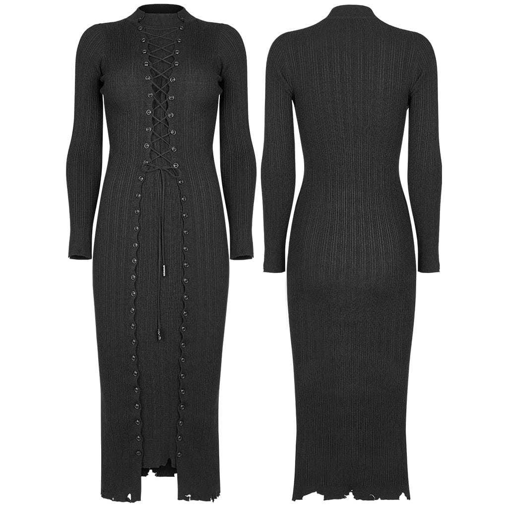 Punk Rave Women's Grunge Lacing-up Long Sleeved Knitted Dress
