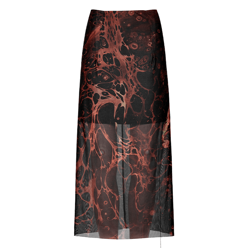 PUNK RAVE Women's Grunge Lava Printed Mesh Skirt