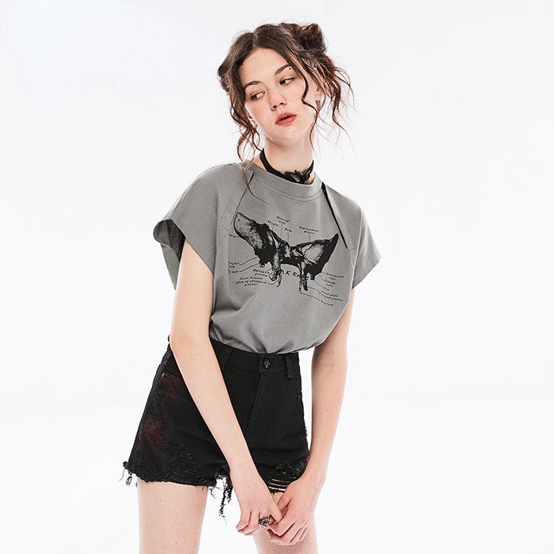 Punk Rave Women's Grunge Off Shouder Butterfly Printed Casual Tee