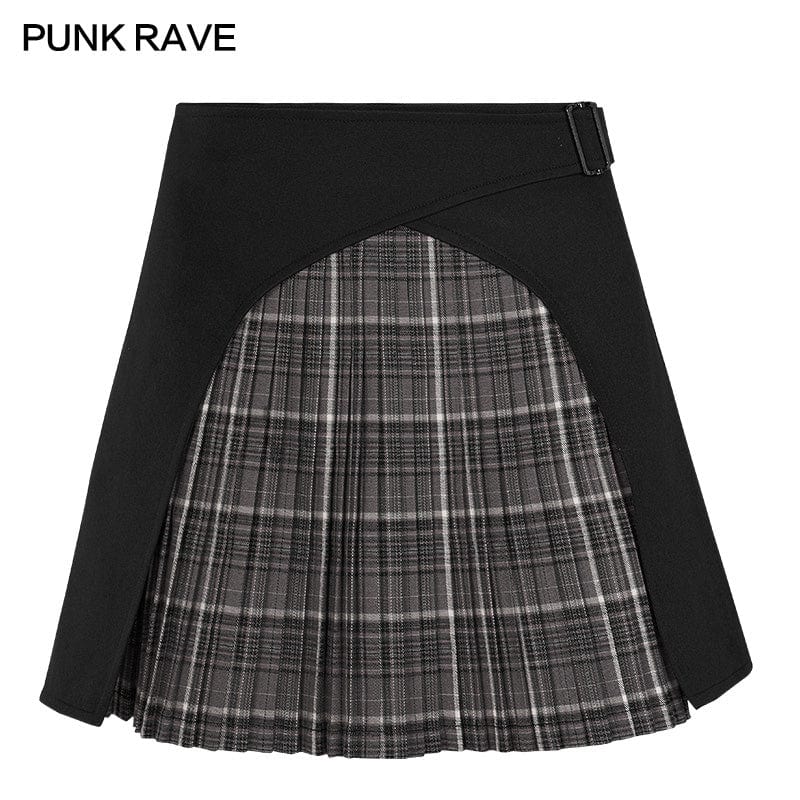 PUNK RAVE Women's Grunge Plaid Splice Pleated Skirt