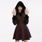 PUNK RAVE Women's Grunge Plaid Splice Velvet Dress with Hood