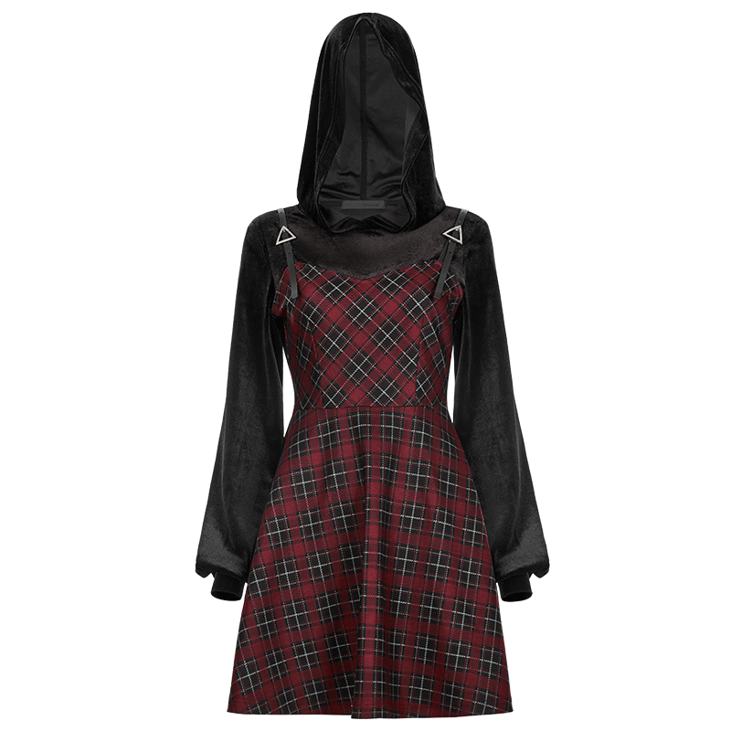 PUNK RAVE Women's Grunge Plaid Splice Velvet Dress with Hood