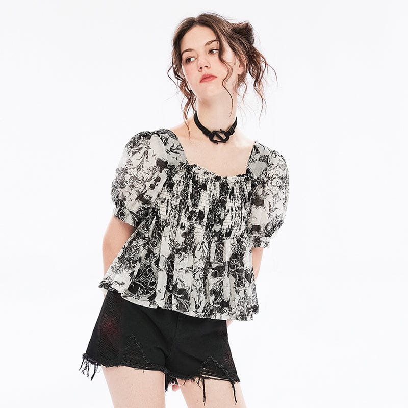 Punk Rave Women's Grunge Puff Sleeved Square Collar Floral Chffion Top