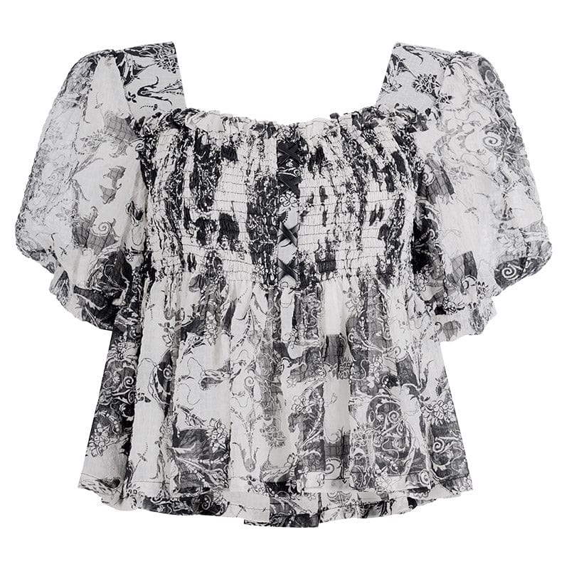 Punk Rave Women's Grunge Puff Sleeved Square Collar Floral Chffion Top