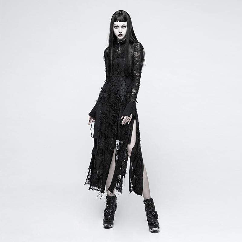 long sleeve grunge dress Women's Grunge Ripped Floral Long Sleeved Lace Dresses – Punk Design