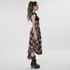 PUNK RAVE Women's Grunge Ruffled Plaid Dress with Shoulder Pad