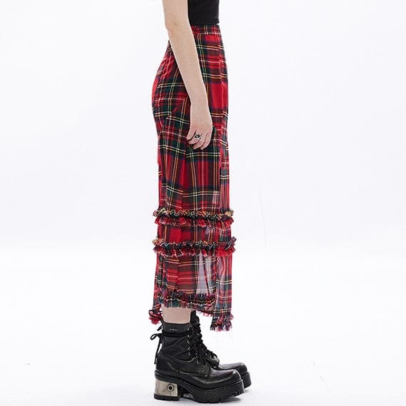 Punk Rave Women's Grunge Ruffles Red Plaid Irregular Hem Skirt