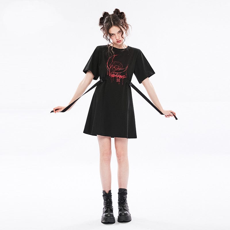 Punk Rave Women's Grunge Skull Printed Casual T-shirt Dress with Straps
