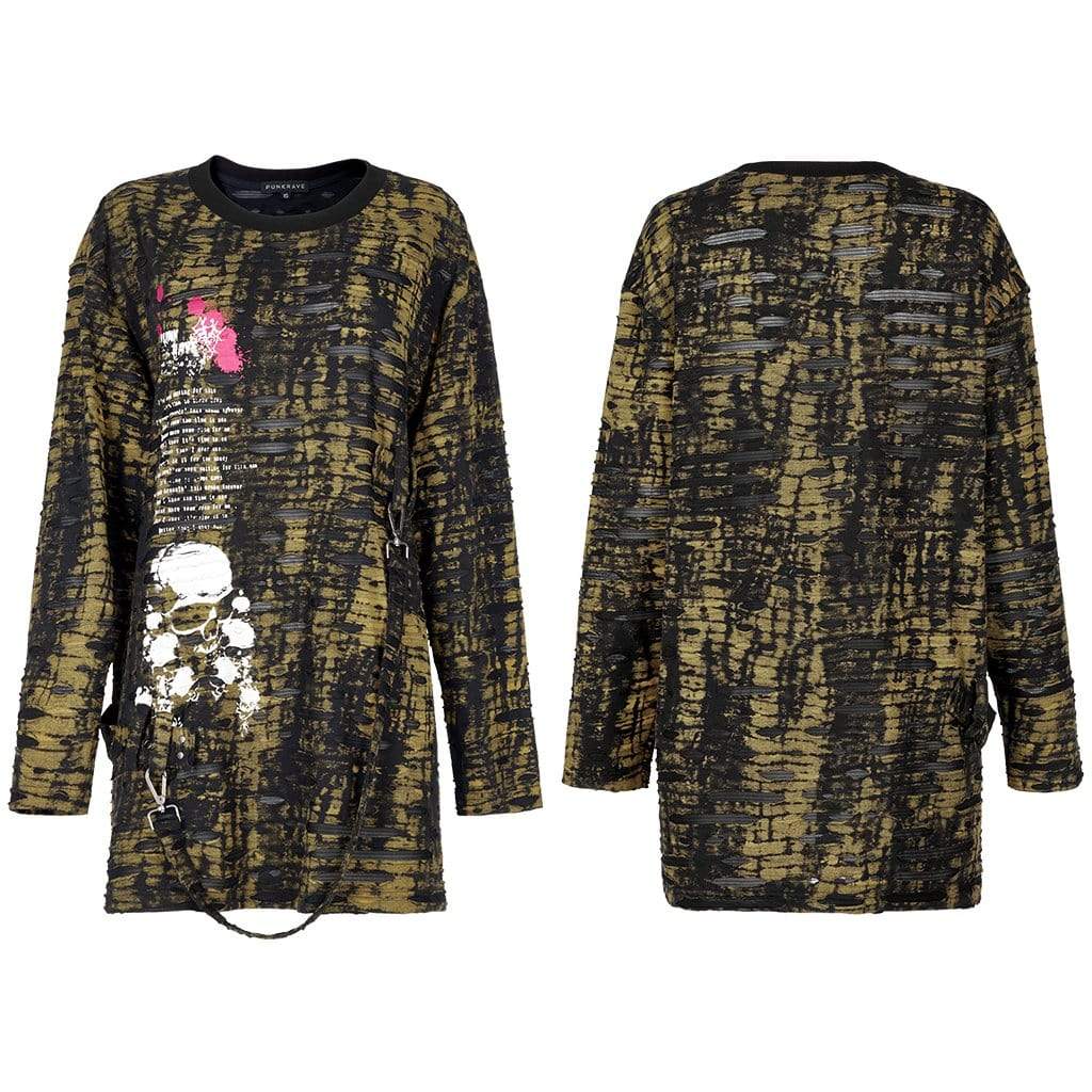 Punk Rave Women's Grunge Skull Printed Ripped Shirt with Detachable Hood