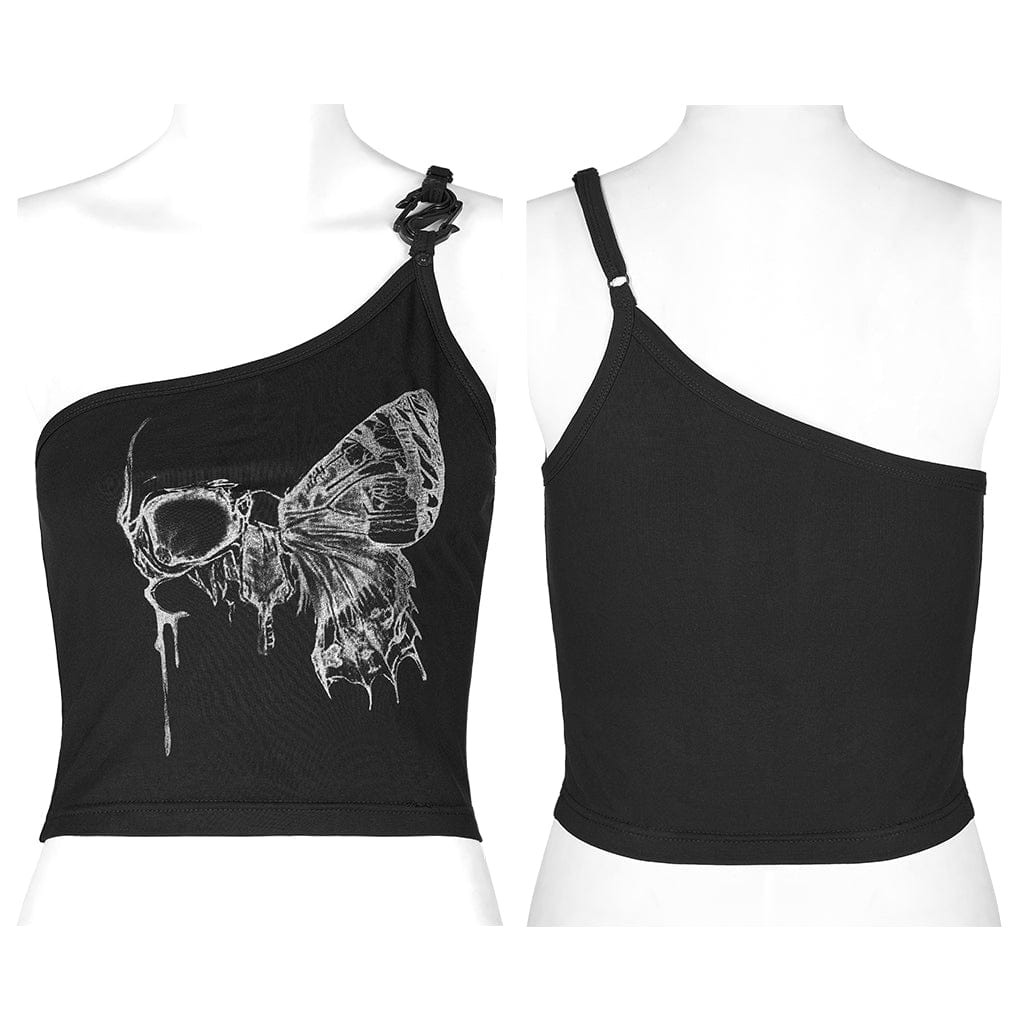 Punk Rave Women's Grunge Skull Printed Slash Shoulder Crop Top