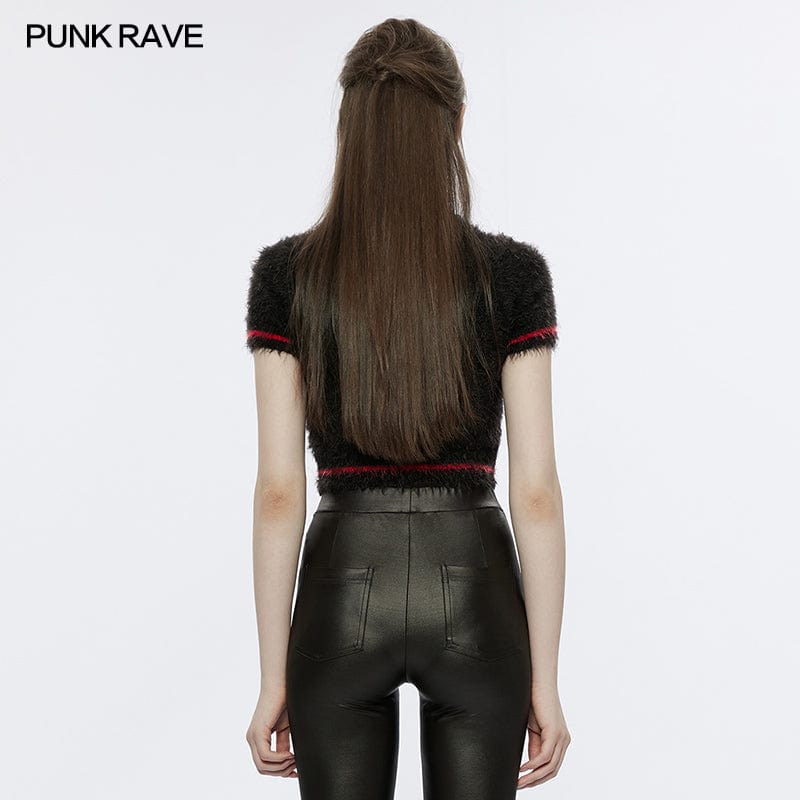 PUNK RAVE Women's Grunge Skulls Embroidered Fluffy Sweater with Oversleeves