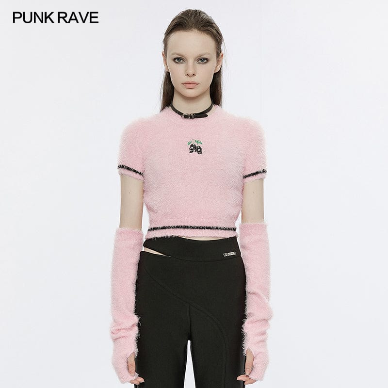 PUNK RAVE Women's Grunge Skulls Embroidered Fluffy Sweater with Oversleeves