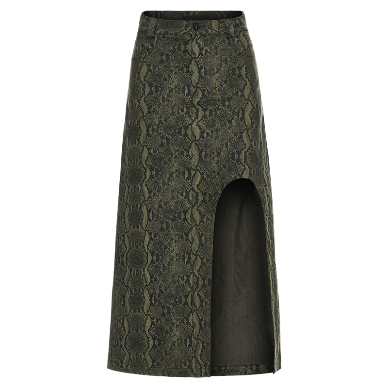 PUNK RAVE Women's Grunge Snakeskin Printed Split Skirt