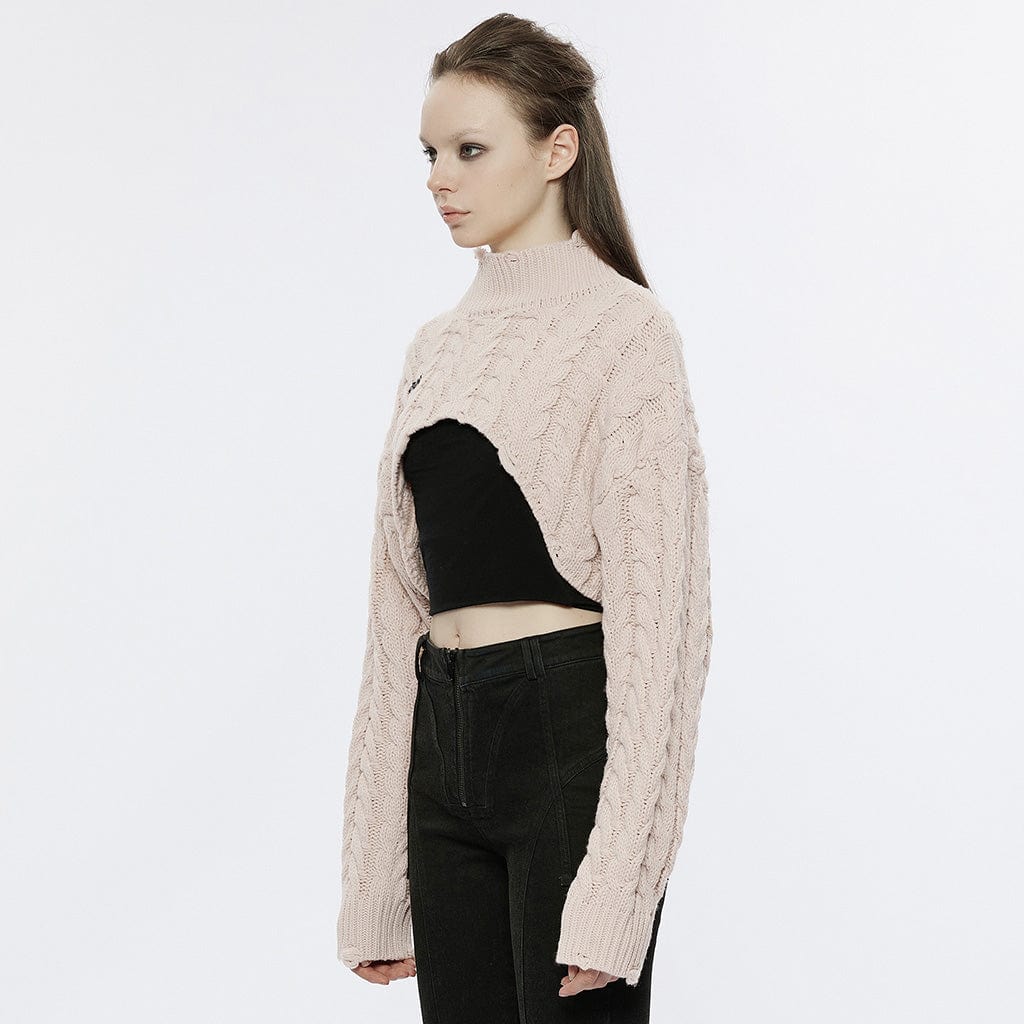 Maglione corto in maglia a trecce con colletto alto grunge da donna PUNK RAVE