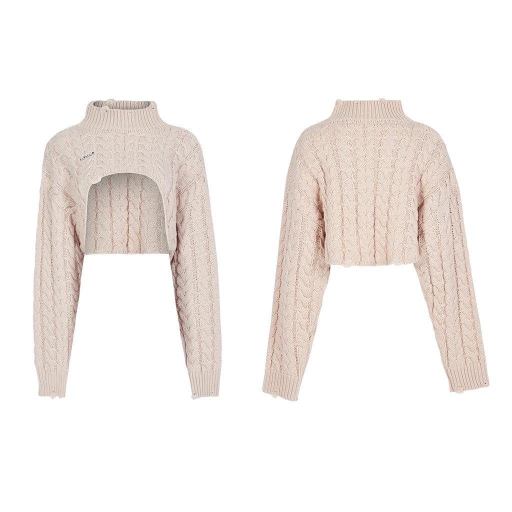 Maglione corto in maglia a trecce con colletto alto grunge da donna PUNK RAVE