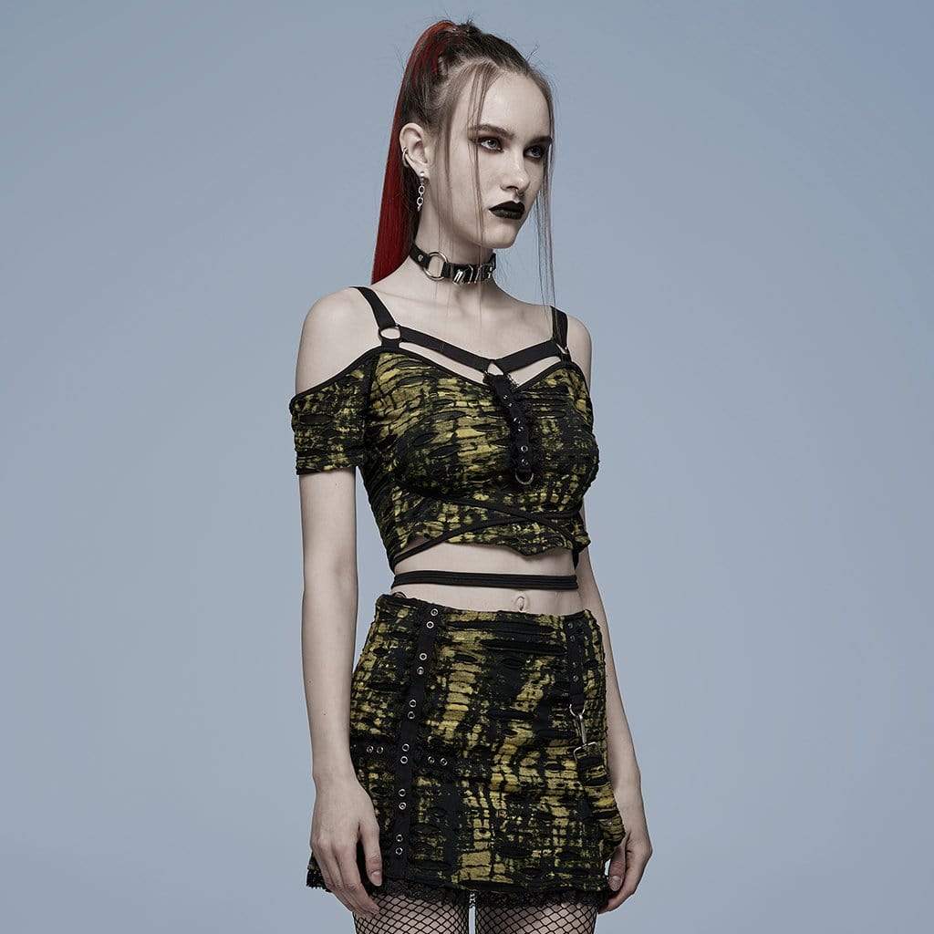 Punk Rave Women's Grunge Strappy Off Shoulder Ripped Crop Top
