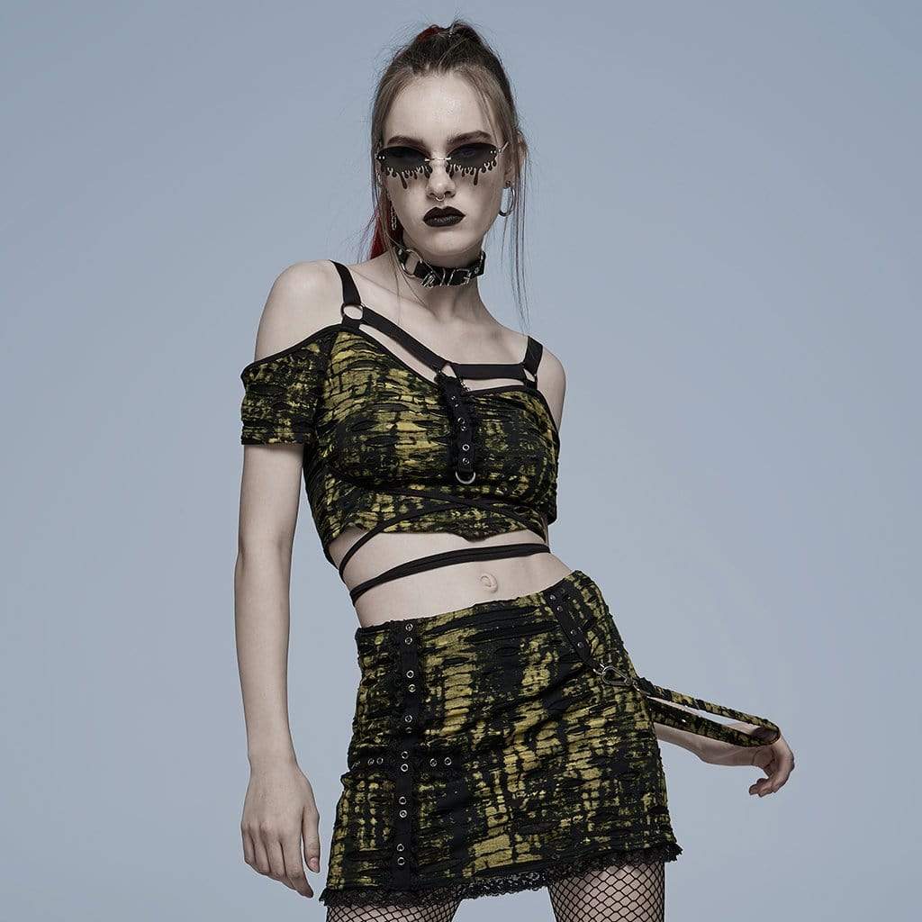 Punk Rave Women's Grunge Strappy Off Shoulder Ripped Crop Top