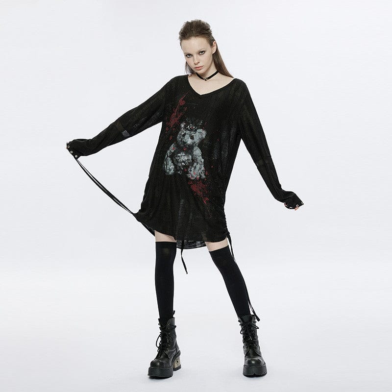 PUNK RAVE Women's Grunge V-neck Bear Printed Loose Shirt Dress
