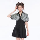 PUNK RAVE Women's Grunge V-neck Green Plaid Splice Short-sleeved Dress