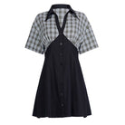 PUNK RAVE Women's Grunge V-neck Green Plaid Splice Short-sleeved Dress