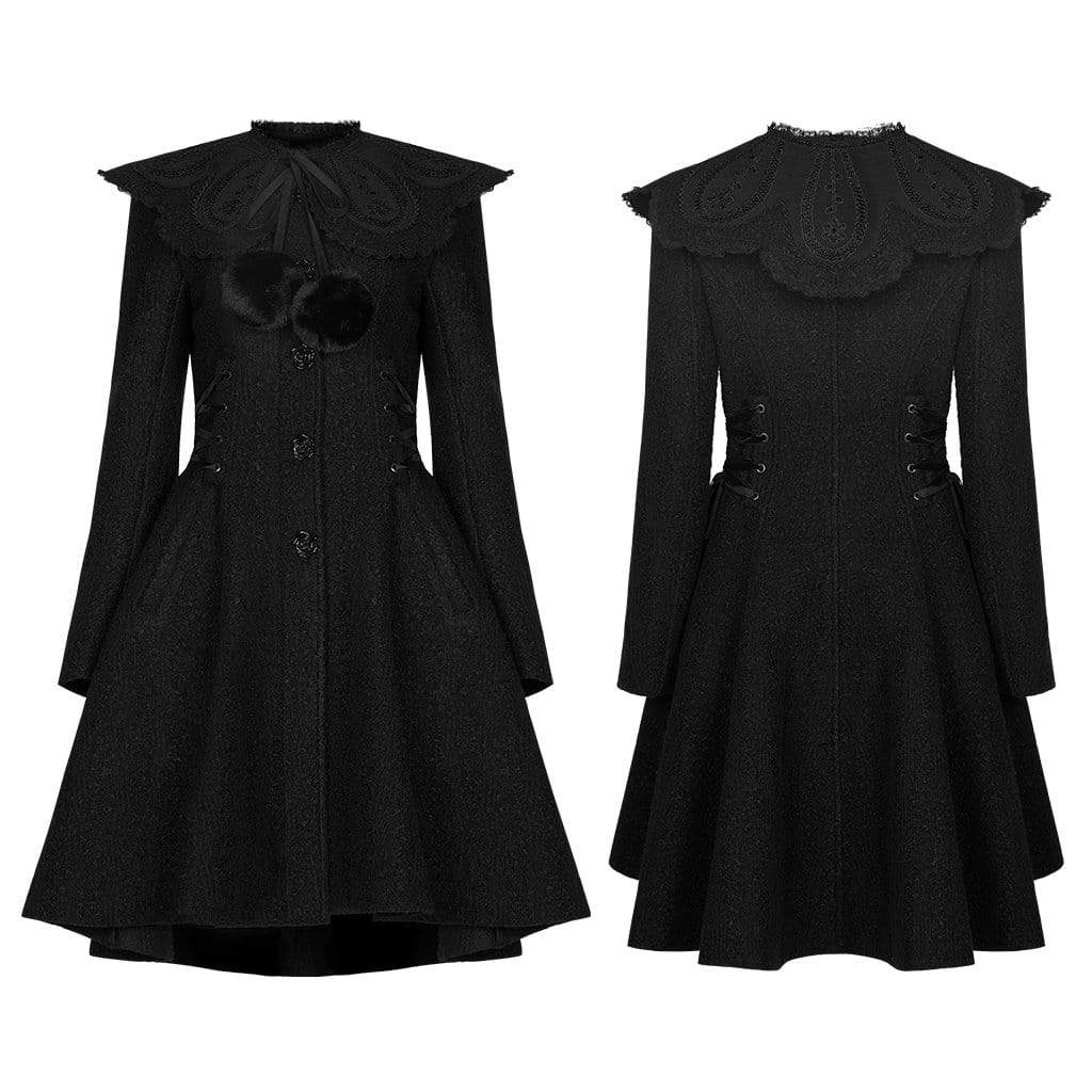 Women's Lolita Black Woolen Coat With Removable Collar