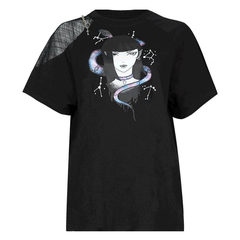 Women's Grunge Hell Girl Printed Casual Tees with Metal Chain