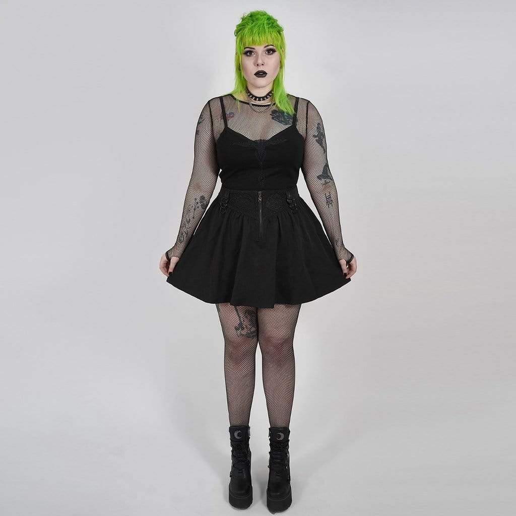 Women's Plus Size Gothic Black Embroidered Front Zip Flar – Punk Design