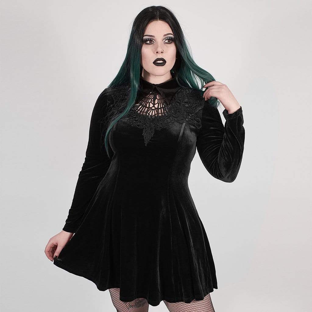 Women's Plus Size Gothic Black Velvet Short Collared Dress – Punk Design