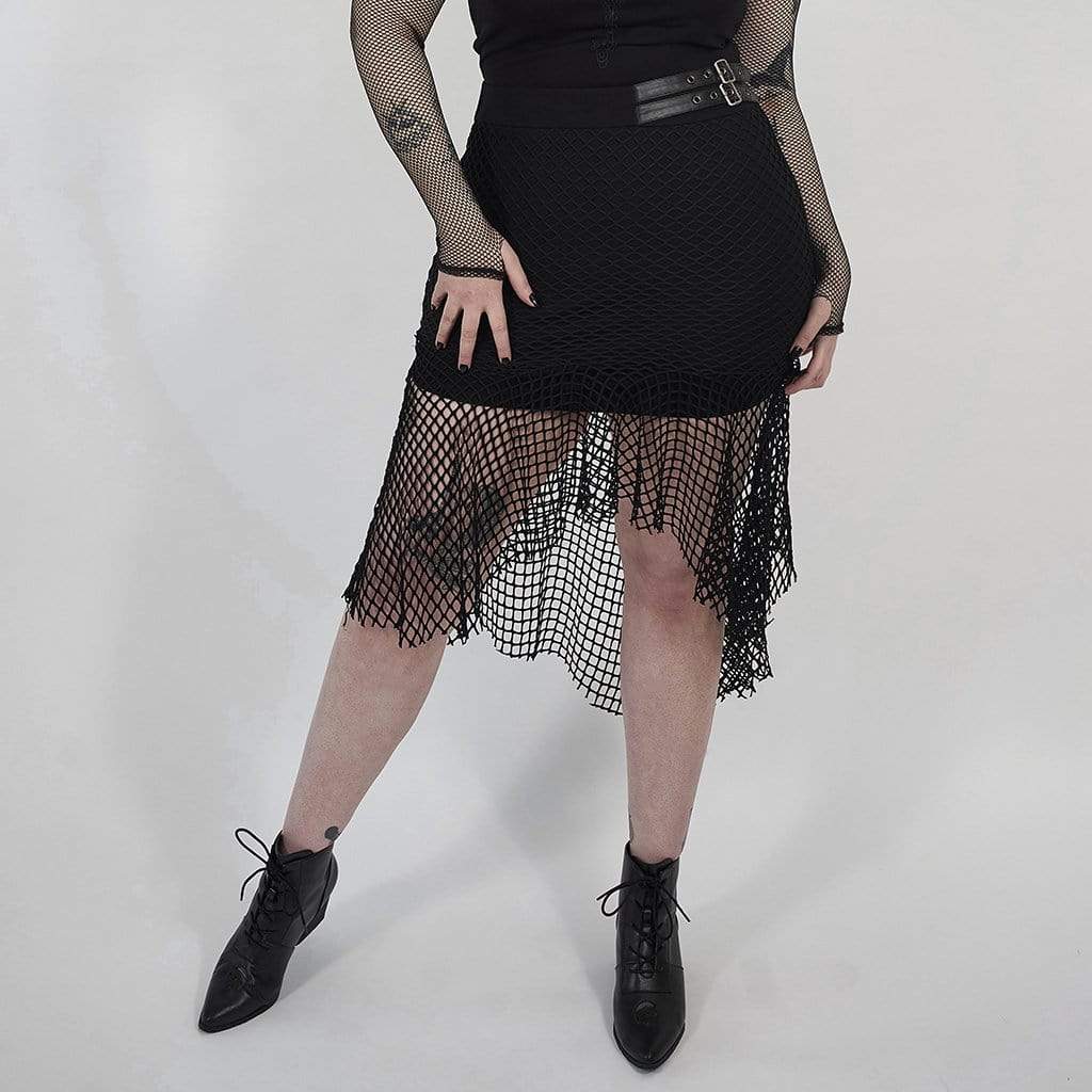 Women's Plus Size Gothic Fishnet Overlay Black Fitted Skirt