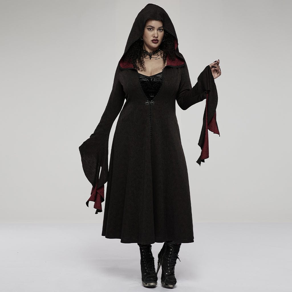 Punk Rave Women's Plus Size Gothic Flare Sleeved Maxi Coat with Hood