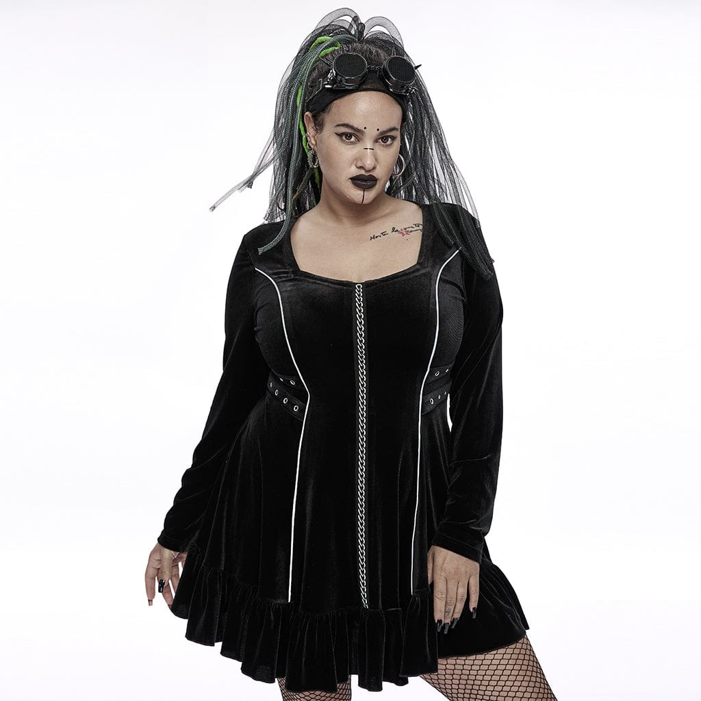Punk Rave Women's Plus Size Gothic Metal Chain Long Sleeved Velvet Dress
