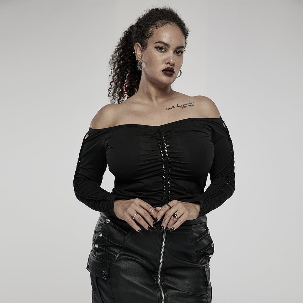 Punk Rave Women's Plus Size Gothic Off Shoulder Ruffles Long Sleeved Top