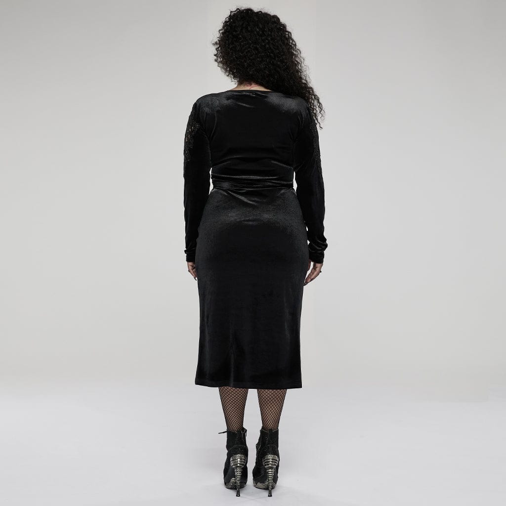 Punk Rave Women's Plus Size Gothic V-neck Side Slit Long Sleeved Velet Dress
