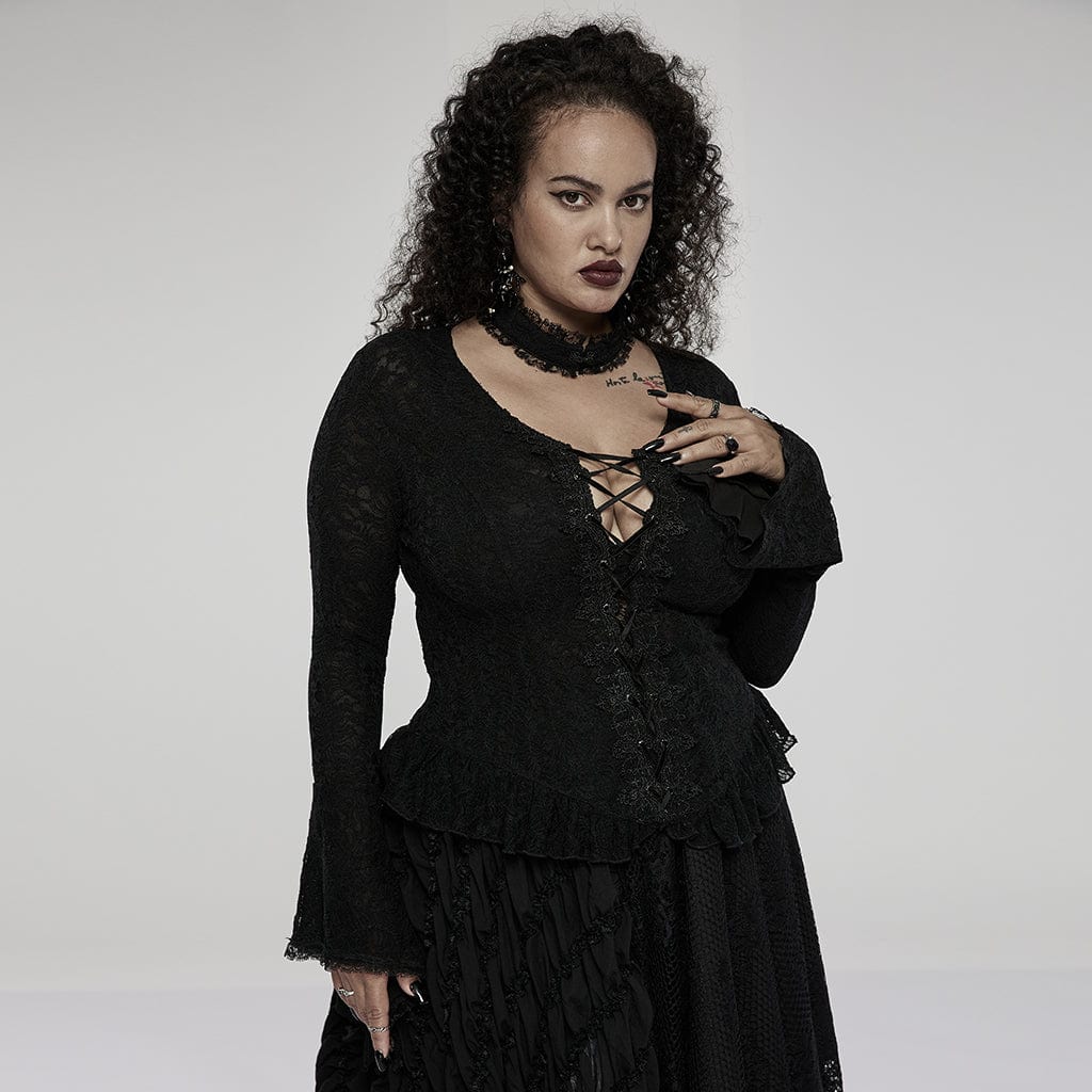 Punk Rave Women's Plus Size Gothic Vintage Flare Sleeved Lace Top With Choker