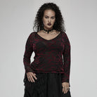 Punk Rave Damen-Oberteil im Gothic-Stil mit V-Ausschnitt, ausgestellten Ärmeln und geblümtem Netzstoff in Übergröße