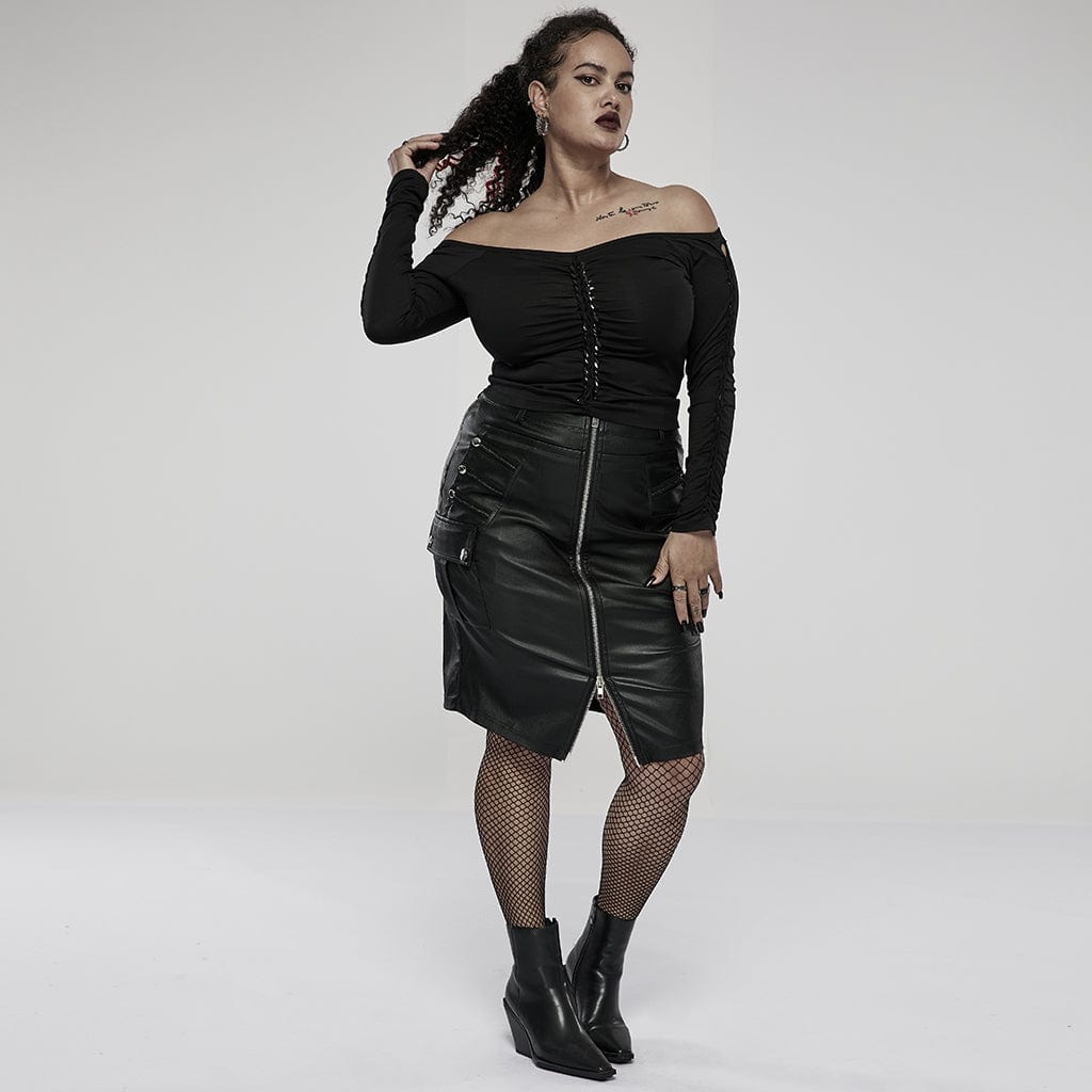 Punk Rave Women's Plus Size Punk Front Zip Faux Leather Wrapped Skirt